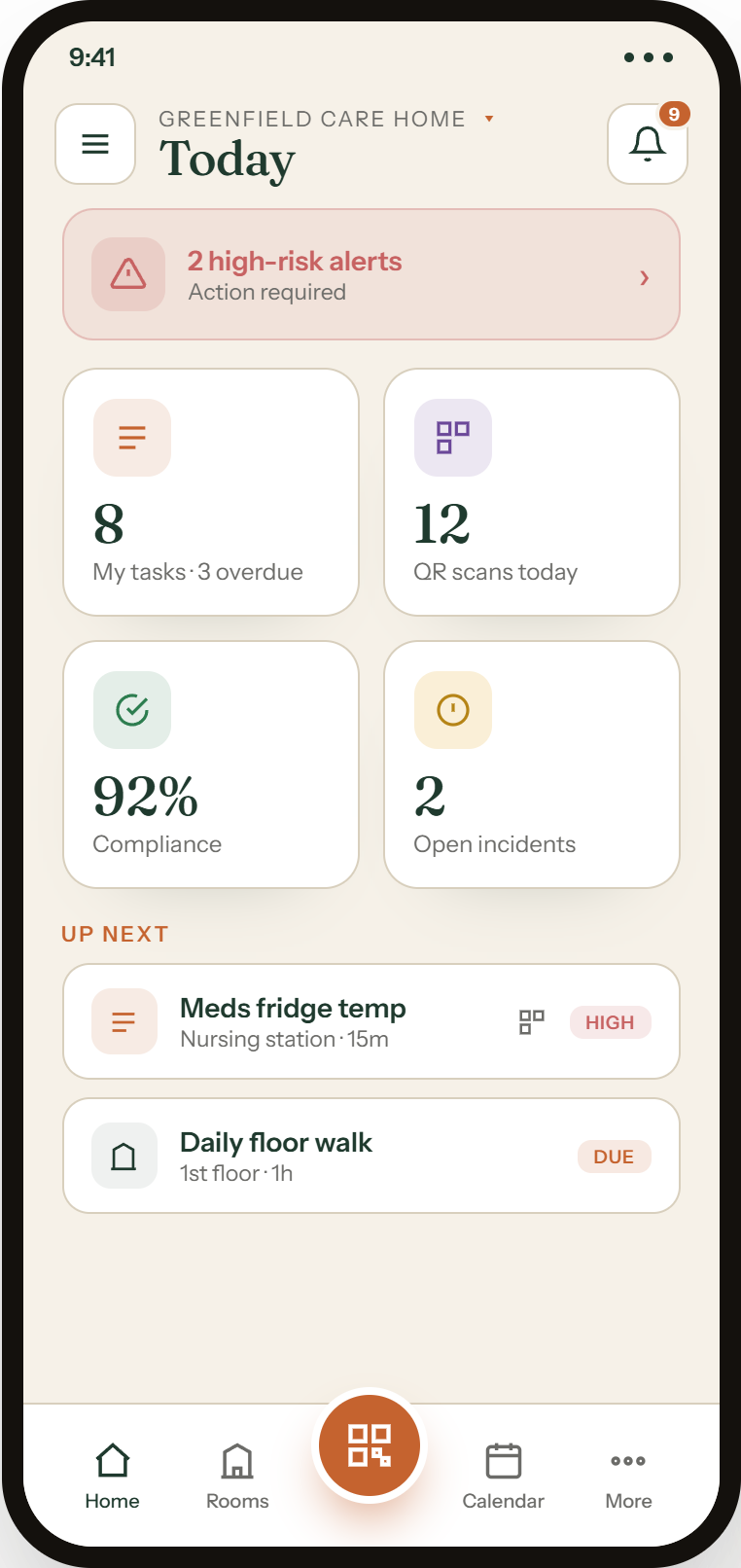 The staff app home screen with today, alerts and the round