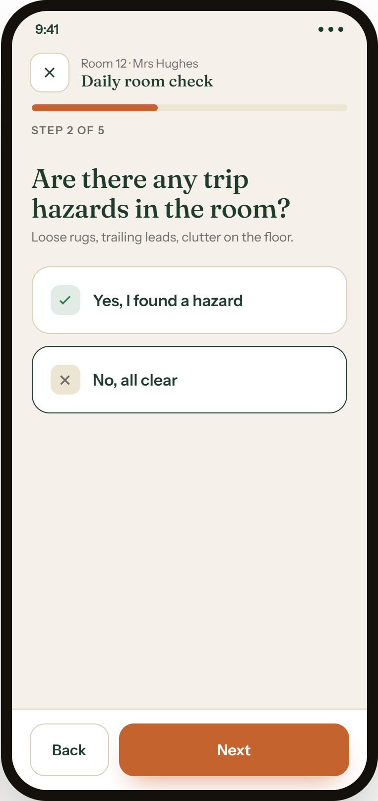 The staff app mid-check: one clear question at a time