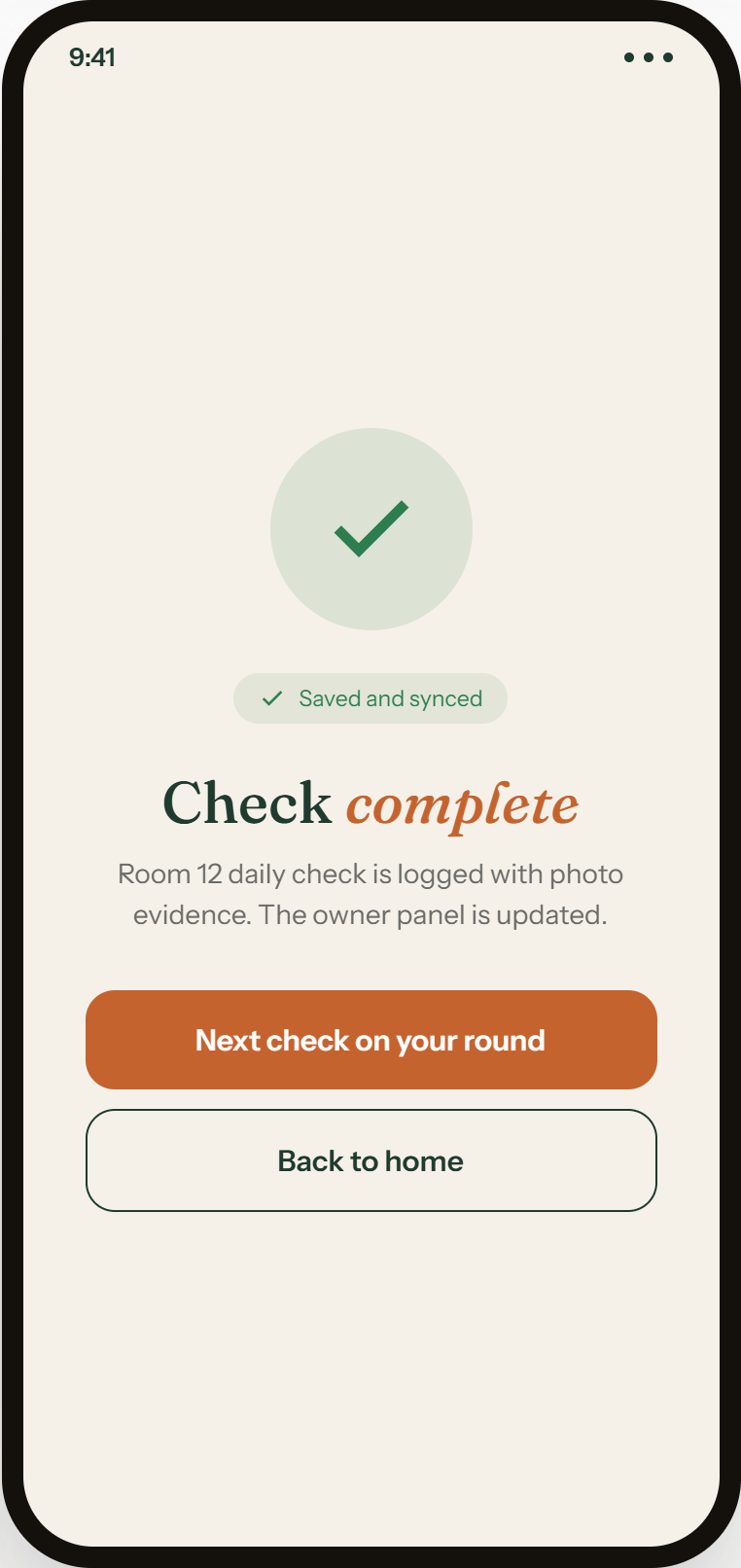 Check complete, saved and synced to the manager dashboard