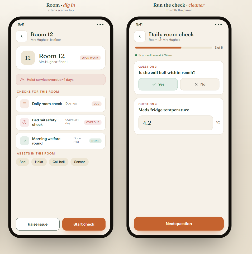 The staff app: a round, a room, and a check in progress