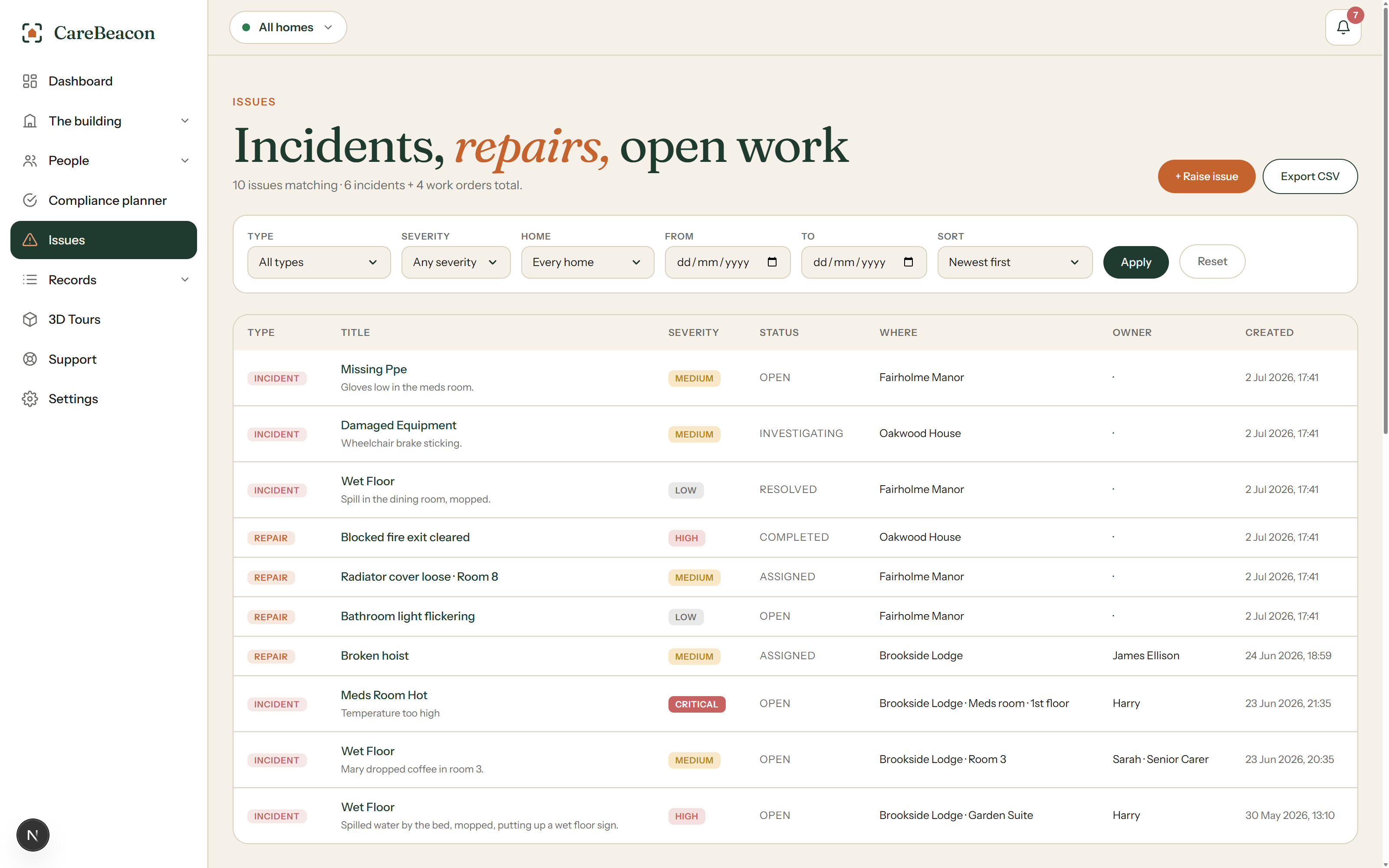 Incidents and work orders in one filterable list